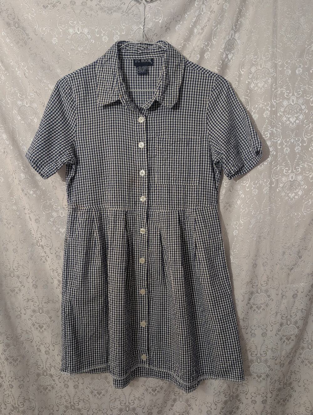 Vintage 90s J.G. Hook Navy Blue Gingham Shirt Dress Size 12